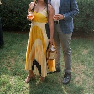 MANGO Yellow & Blue Abstract Pleated Dress